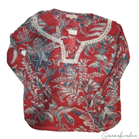 LOFT Iris Botanical Print Coral Crochet Lace Peasant Top Women's Small - Picture 2 of 6